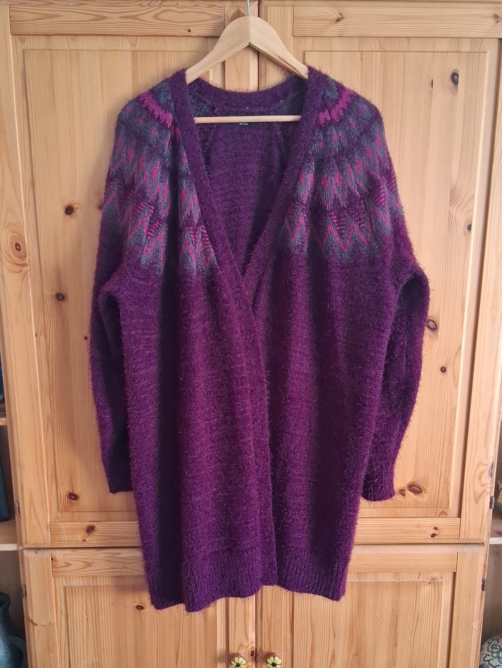 Lane Bryant Deep Plum V-Neck Fair Isle Open Front Long Cardigan Plus Size 18
